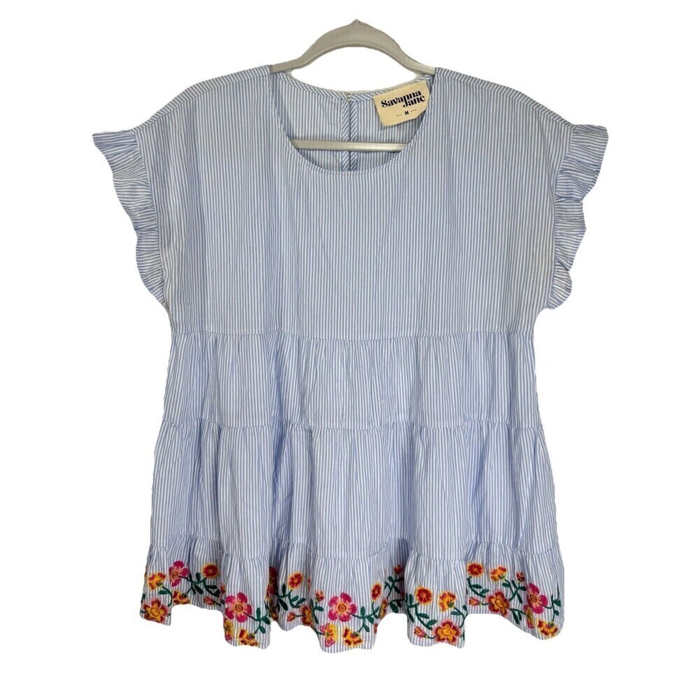 Savanna Jane Embroidered Top Womens Medium Blue Stripe Peplum Flutter Sleeve
